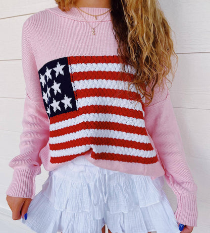 Sweaters- Liberty Layers July 4th Oversized Patriot Sweater for Women- Pink- Chuzko Women Clothing