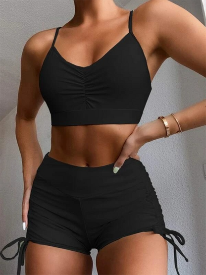 Swimsuits- Bathing Suit High-Waist Ruched Shorts & Sporty Top for Women- Black- Chuzko Women Clothing