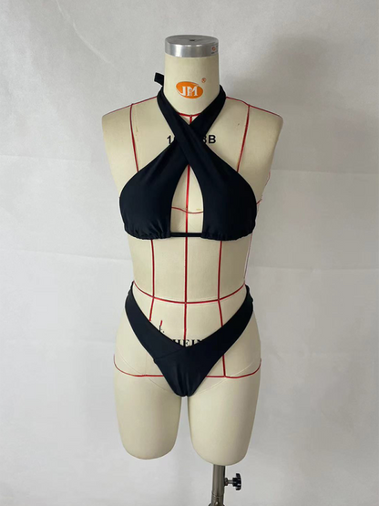 Swimsuits- Criss-Cross Halter Bra & Bikini Swimsuit Set for Sunbathing- - Chuzko Women Clothing