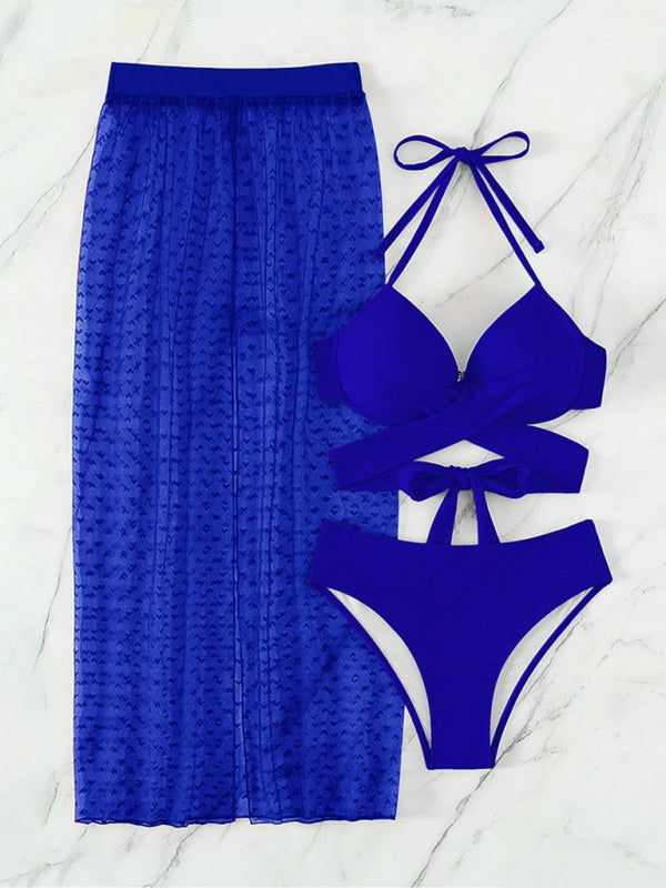 Swimsuits- Push-Up Bra Bikini Set with High Waist Bottom & Slit Skirt - 3-Piece Beachwear- - Chuzko Women Clothing