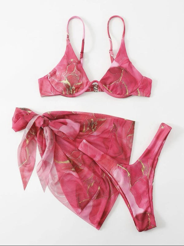 Swimsuits- Underwire Bra & Micro Bikini in Trendy 3 Piece Neon Swimsuit with Cover-Up- - Chuzko Women Clothing