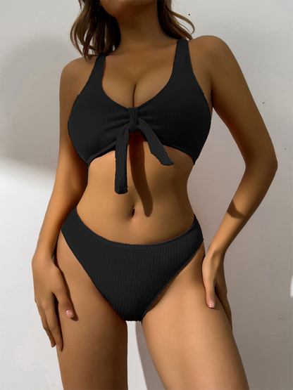 Swimsuits- Women's 2 Piece Mid-Waist Bikini Set for Beach Vacations- Black- Chuzko Women Clothing