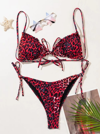 Swimsuits- Women's Leopard Print 2 Piece Swimwear - Tie-Sides Bikini & Frill Triangle Bra- - Chuzko Women Clothing