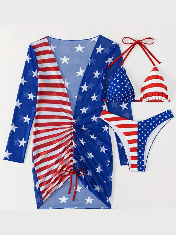 Swimsuits- Women's USA Flag Swimwear 3-Piece Collection - Bra & Bikini & Cover-Up- Blue- Chuzko Women Clothing
