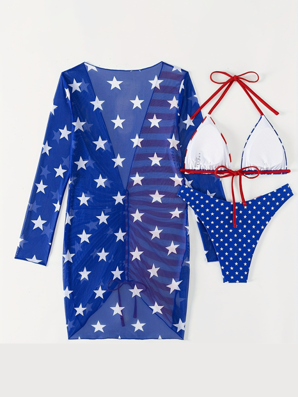 Swimsuits- Women's USA Flag Swimwear 3-Piece Collection - Bra & Bikini & Cover-Up- - Chuzko Women Clothing