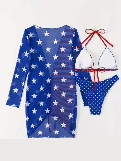 Swimsuits- Women's USA Flag Swimwear 3-Piece Collection - Bra & Bikini & Cover-Up- - Chuzko Women Clothing