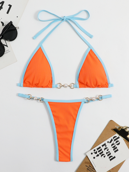 Swimwear- 2 Piece Swimsuit - Micro Bikini & Triangle Bra in Contrast Binding- - Chuzko Women Clothing