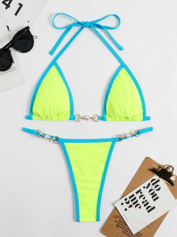 Swimwear- 2 Piece Swimsuit - Micro Bikini & Triangle Bra in Contrast Binding- - Chuzko Women Clothing