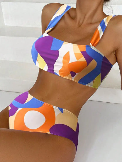 Swimwear- Abstract Elegance Bikini 2-Piece Artistic Swimsuit- Orange Purple- Chuzko Women Clothing