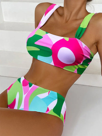 Swimwear- Abstract Elegance Bikini 2-Piece Artistic Swimsuit- Green RoseRed- Chuzko Women Clothing
