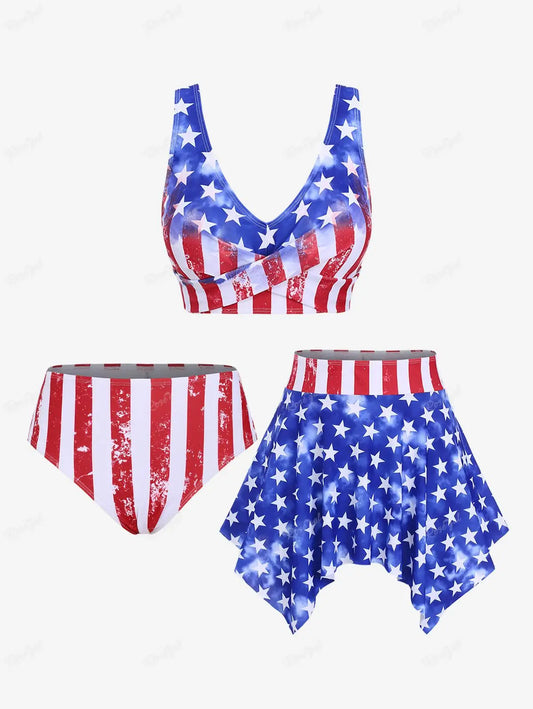 Swimwear- American Dream Swimwear 3-Piece Tankini for National Holidays & Beach Days- Blue- Chuzko Women Clothing