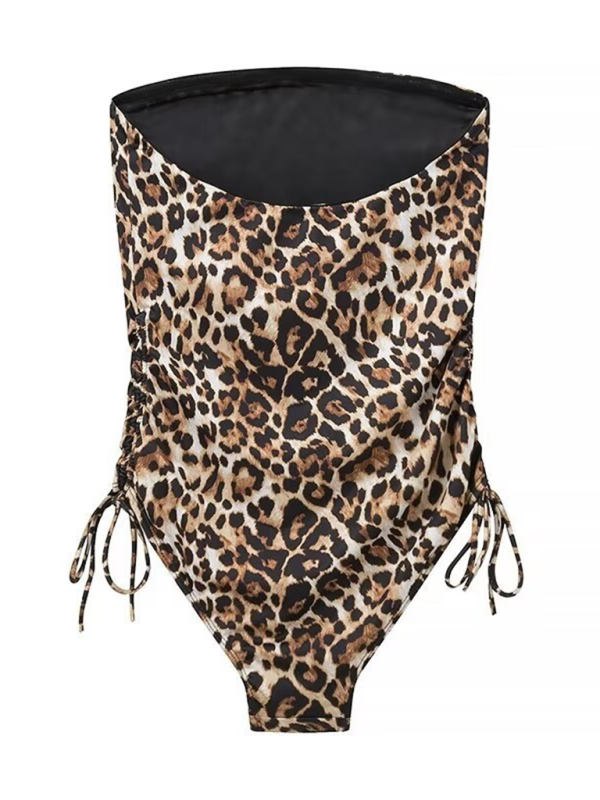 Swimwear- Animal Print Bandeau One-Piece Swimsuit for Women with Ruched Sides- - Chuzko Women Clothing