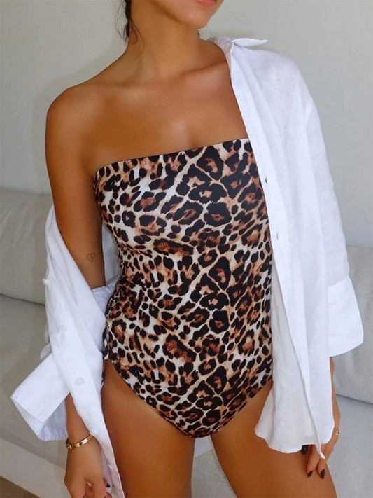 Animal Print Bandeau One-Piece Swimsuit for Women with Ruched Sides