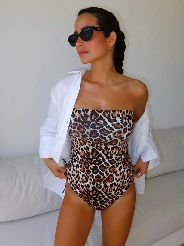 Swimwear- Animal Print Bandeau One-Piece Swimsuit for Women with Ruched Sides- - Chuzko Women Clothing