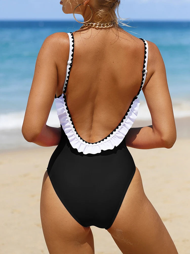 Swimwear- Back in Black Ruffled One-Piece Swimsuit- - Chuzko Women Clothing