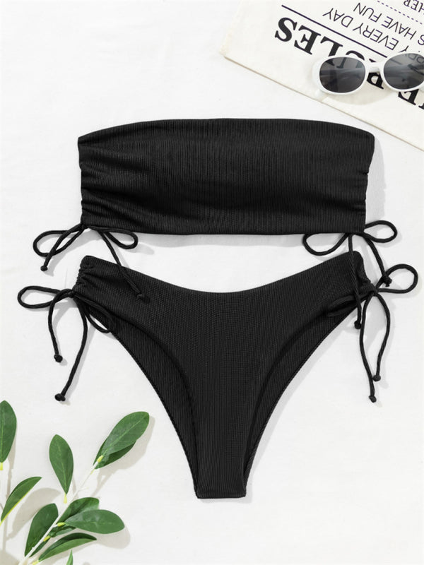 Swimwear- Bandeau Bra & High-Cut Bikini in 2 Piece Textured Ruched Sides Swimsuit- Black- Chuzko Women Clothing