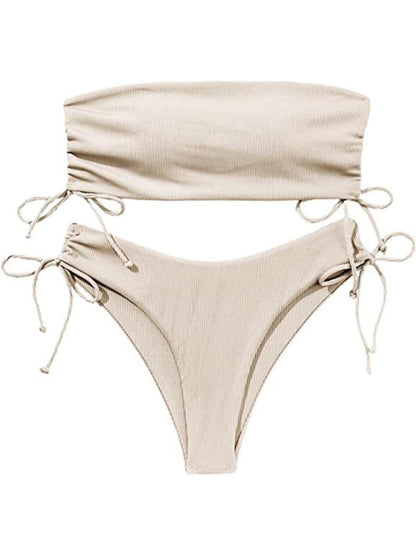 Swimwear- Bandeau Bra & High-Cut Bikini in 2 Piece Textured Ruched Sides Swimsuit- White- Chuzko Women Clothing