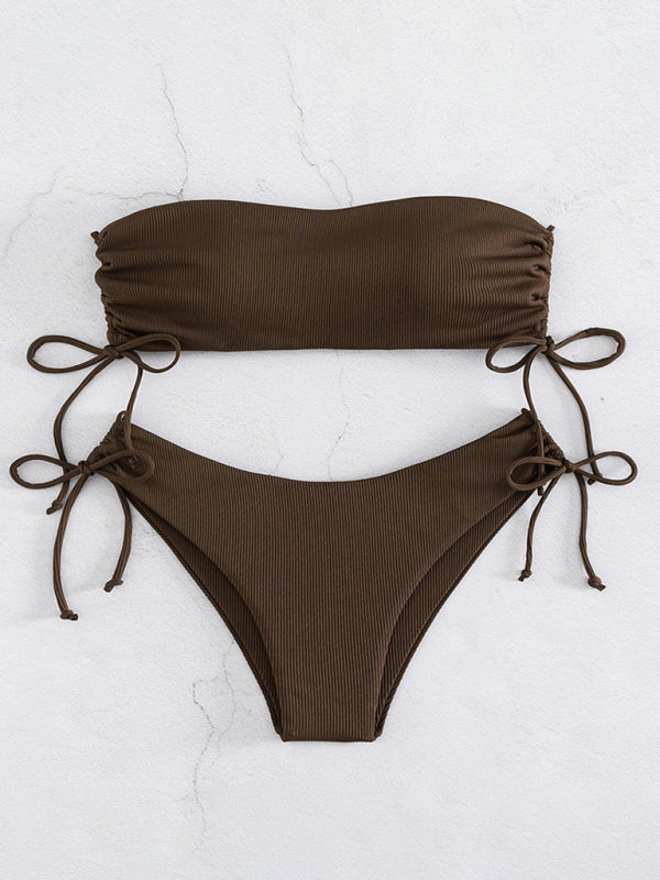 Swimwear- Bandeau Bra & High-Cut Bikini in 2 Piece Textured Ruched Sides Swimsuit- - Chuzko Women Clothing