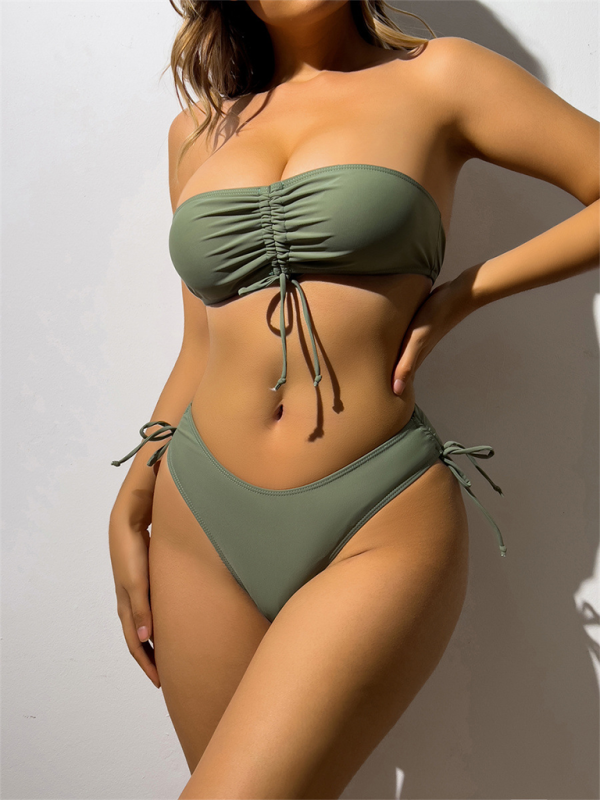 Swimwear- Bandeau Swimsuit with Ruched Mid-Rise Bikini & Tube Bra- Olive green- Chuzko Women Clothing