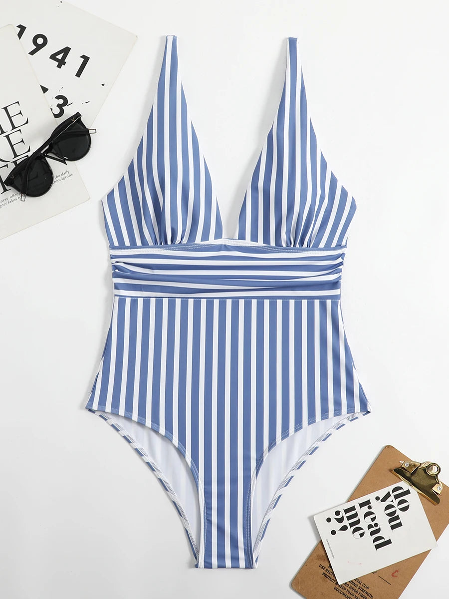 Swimwear- Beach Babe Essential Women's Plunging Striped One Piece Swimwear