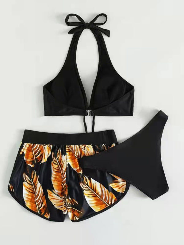 Swimwear- Beach Color Block 3-Piece Halter Bra & Board Shorts Set with Bikini Bottoms- - Chuzko Women Clothing