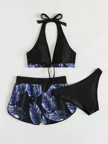 Swimwear- Beach Color Block 3-Piece Halter Bra & Board Shorts Set with Bikini Bottoms- - Chuzko Women Clothing