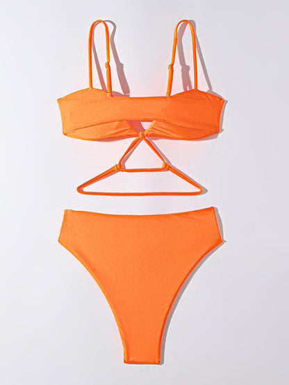 Zweiteilige Bademode für den Strand in Unifarben – Trägertop mit V-Ausschnitt und hoch taillierter Bikini