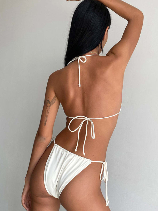 Swimwear- Beach Women's Ribboned Triangle Bra & Tie-Side Bikini- - Chuzko Women Clothing