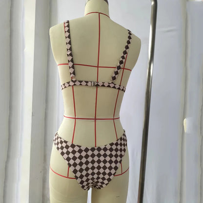 Beachwear – Karierter Bikini mit Unterteil zum Binden an der Seite und gepolstertem Oberteil