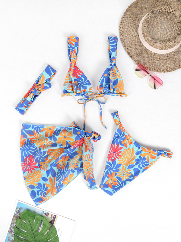 Swimwear- Beachwear Collection 4-Piece Bikini Set with Cover-Up & Headband- - Chuzko Women Clothing