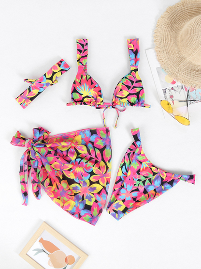 Swimwear- Beachwear Collection 4-Piece Bikini Set with Cover-Up & Headband- Black- Chuzko Women Clothing