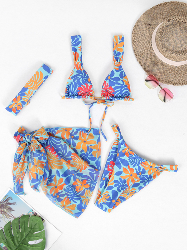 Swimwear- Beachwear Collection 4-Piece Bikini Set with Cover-Up & Headband- Blue- Chuzko Women Clothing