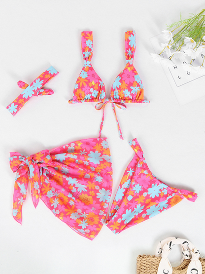 Swimwear- Beachwear Collection 4-Piece Bikini Set with Cover-Up & Headband- Pink- Chuzko Women Clothing