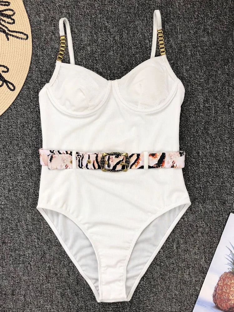 Swimwear- Belted Swimsuit - Elegant Push Up Underwire One-Piece Swimwear- White 3- Chuzko Women Clothing