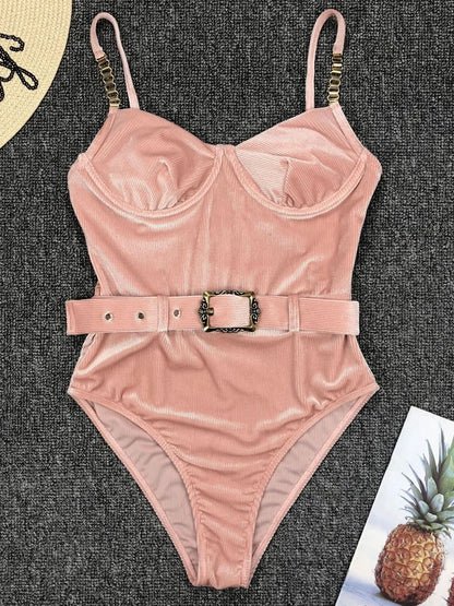 Swimwear- Belted Swimsuit - Elegant Push Up Underwire One-Piece Swimwear- Pink- Chuzko Women Clothing