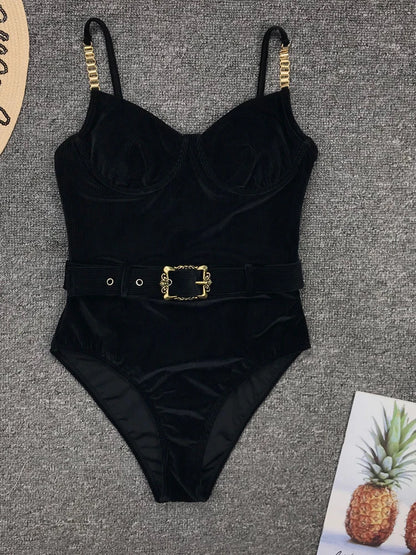 Swimwear- Belted Swimsuit - Elegant Push Up Underwire One-Piece Swimwear- black- Chuzko Women Clothing