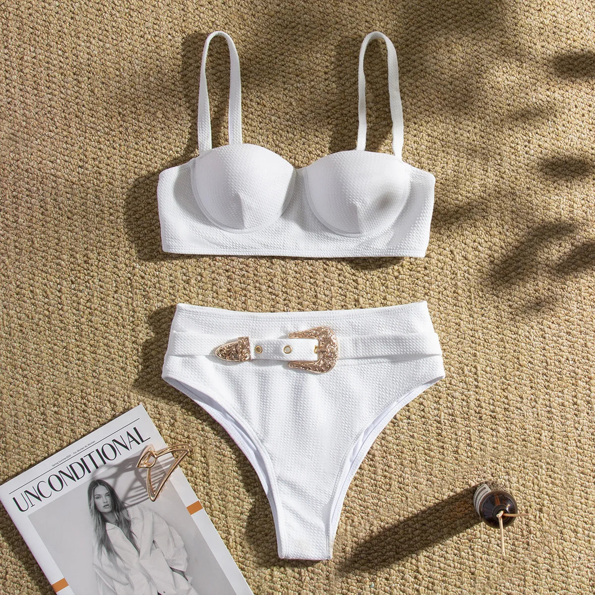 Swimwear- Belted Swimsuit - Elegant Push Up Underwire One-Piece Swimwear- White 2- Chuzko Women Clothing