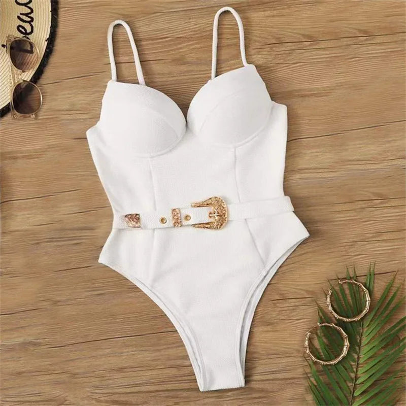 Swimwear- Belted Swimsuit - Elegant Push Up Underwire One-Piece Swimwear- White 1- Chuzko Women Clothing