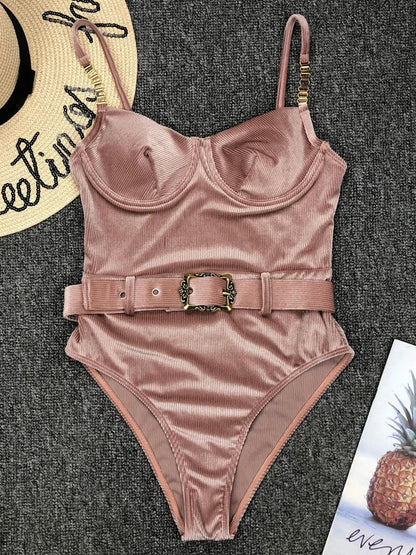 Swimwear- Belted Swimsuit - Elegant Push Up Underwire One-Piece Swimwear- - Chuzko Women Clothing