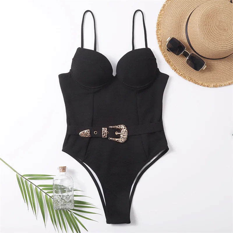 Swimwear- Belted Swimsuit - Elegant Push Up Underwire One-Piece Swimwear- Black 1- Chuzko Women Clothing