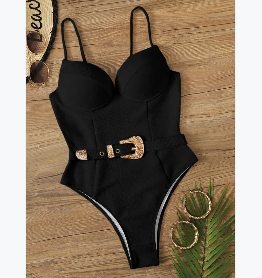 Swimwear- Belted Swimsuit - Elegant Push Up Underwire One-Piece Swimwear- - Chuzko Women Clothing