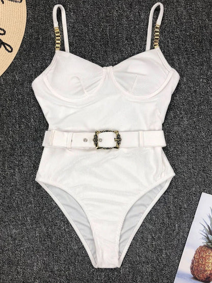 Swimwear- Belted Swimsuit - Elegant Push Up Underwire One-Piece Swimwear- White 4- Chuzko Women Clothing