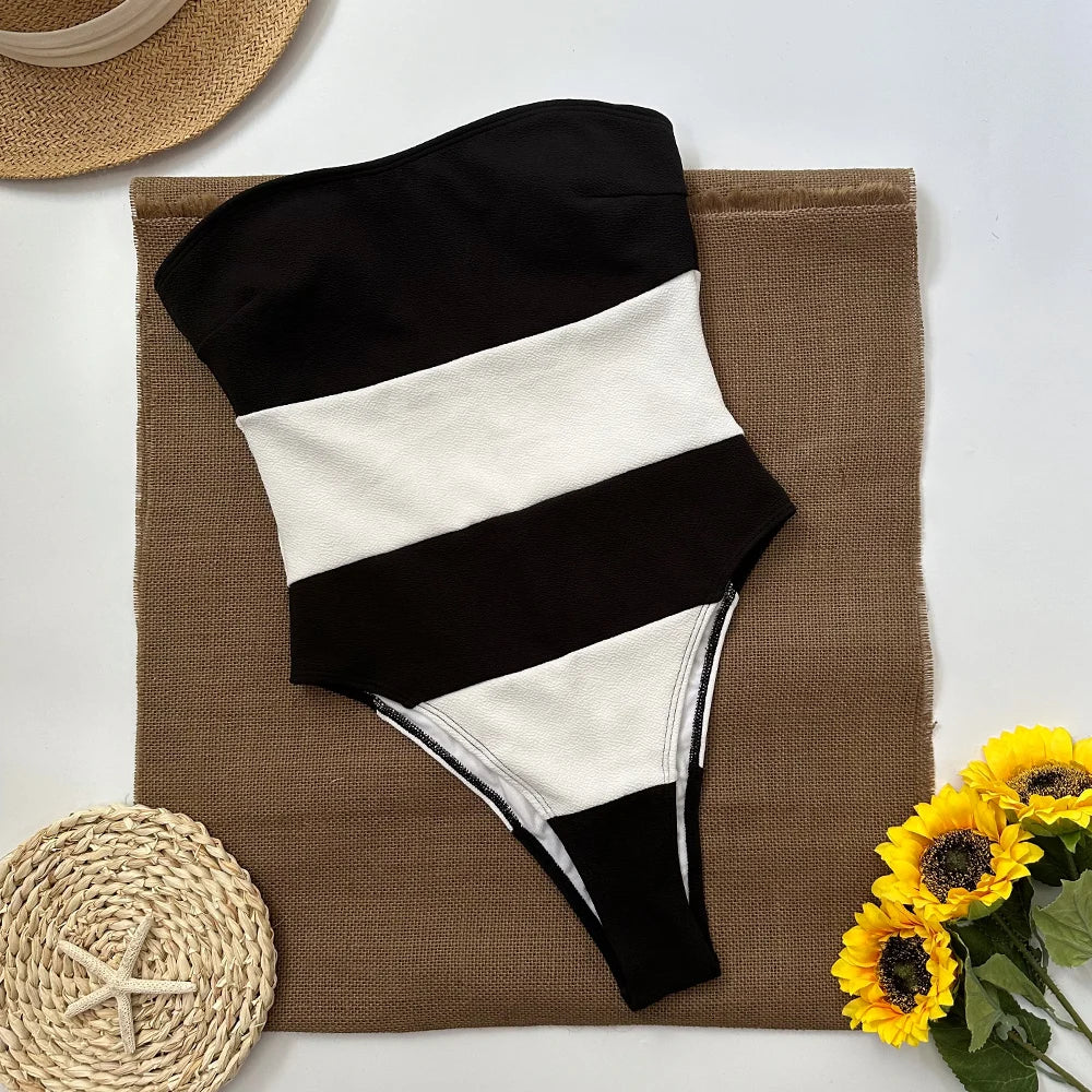 Black & White One-Piece Swimsuit - Monochrome Tube Swimsuit