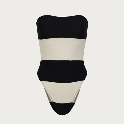 Black & White One-Piece Swimsuit - Monochrome Tube Swimsuit