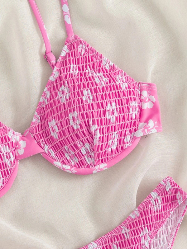 Swimwear- Blossom Floral Ruched 2 Piece Swimsuit Set - Underwire Bra & Bikini- - Chuzko Women Clothing