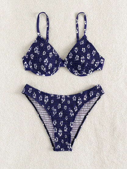Swimwear- Blossom Floral Ruched 2 Piece Swimsuit Set - Underwire Bra & Bikini- - Chuzko Women Clothing