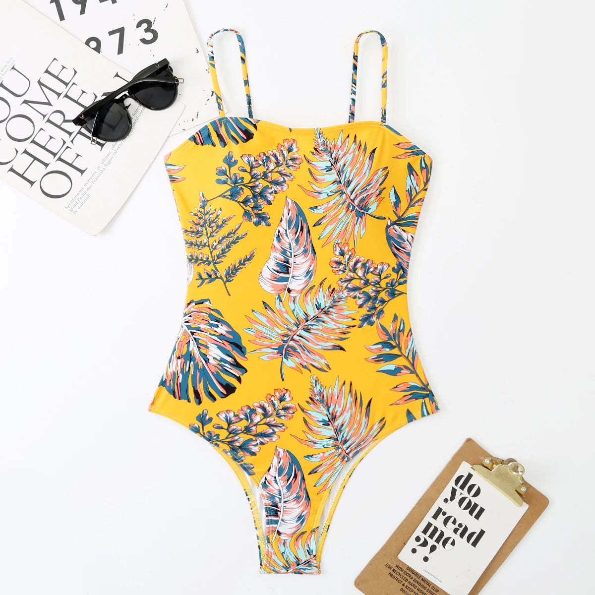 Swimwear- Botanical One-Piece Swimwear - Capture the Tropical Vibe- Yellow- Chuzko Women Clothing