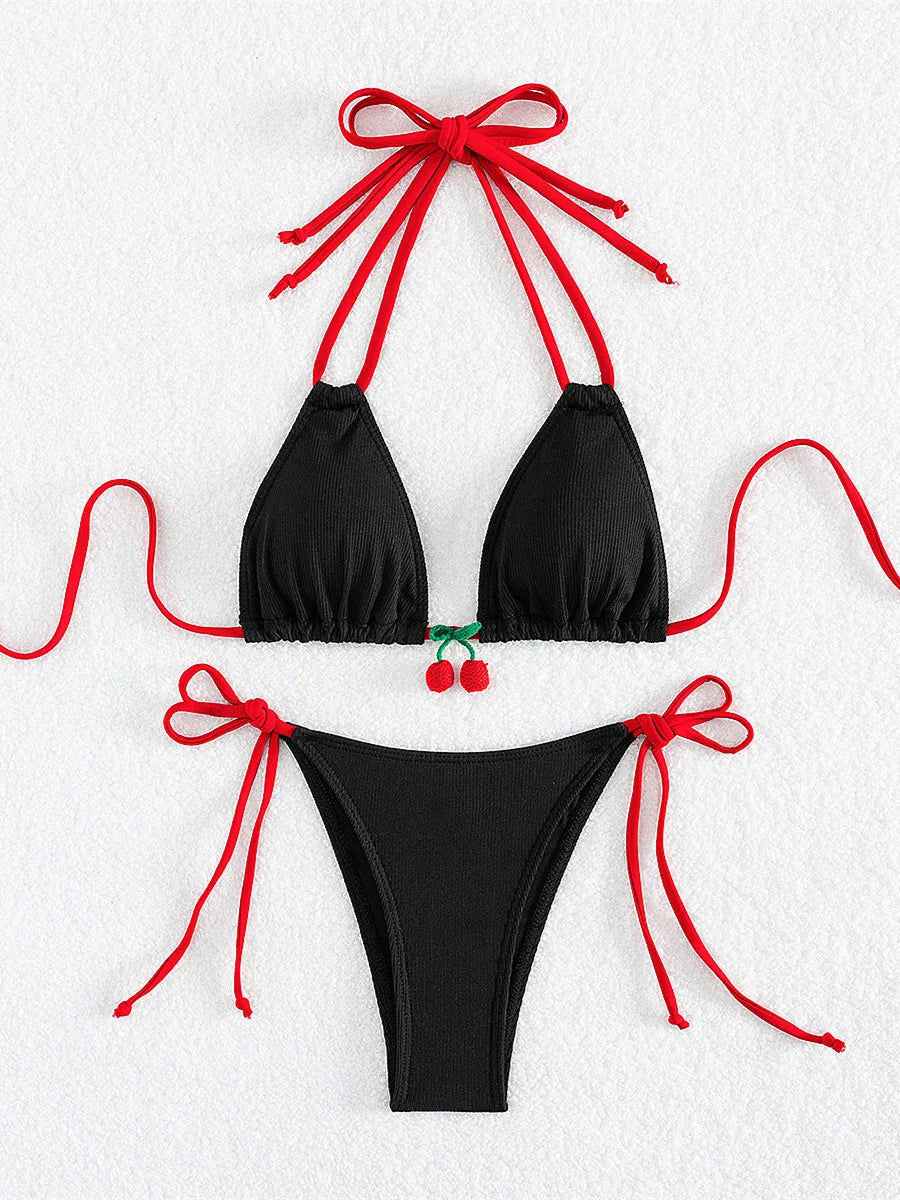 Swimwear- Cherry Swimwear Contrast Tone Triangle Bra & Bikini Set for Beach Days- - Chuzko Women Clothing
