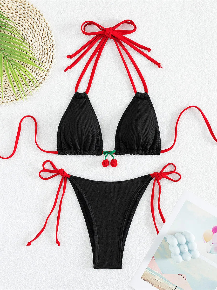 Swimwear- Cherry Swimwear Contrast Tone Triangle Bra & Bikini Set for Beach Days- Black- Chuzko Women Clothing