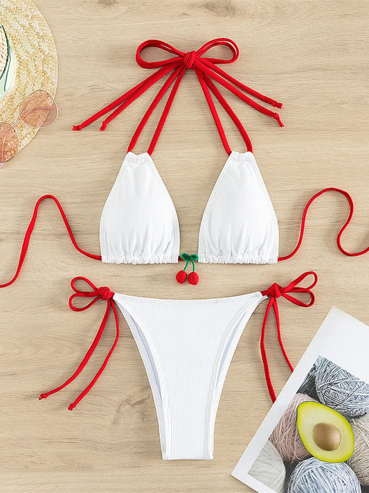 Swimwear- Cherry Swimwear Contrast Tone Triangle Bra & Bikini Set for Beach Days- White- Chuzko Women Clothing